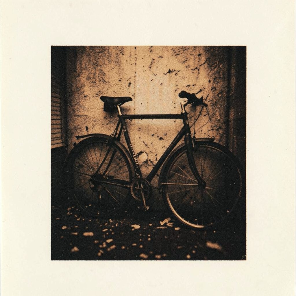 Two-ink risograph print of a parked bicycle frame near a wall, deep black ink and warm sepia accent on cream paper, moody and quiet